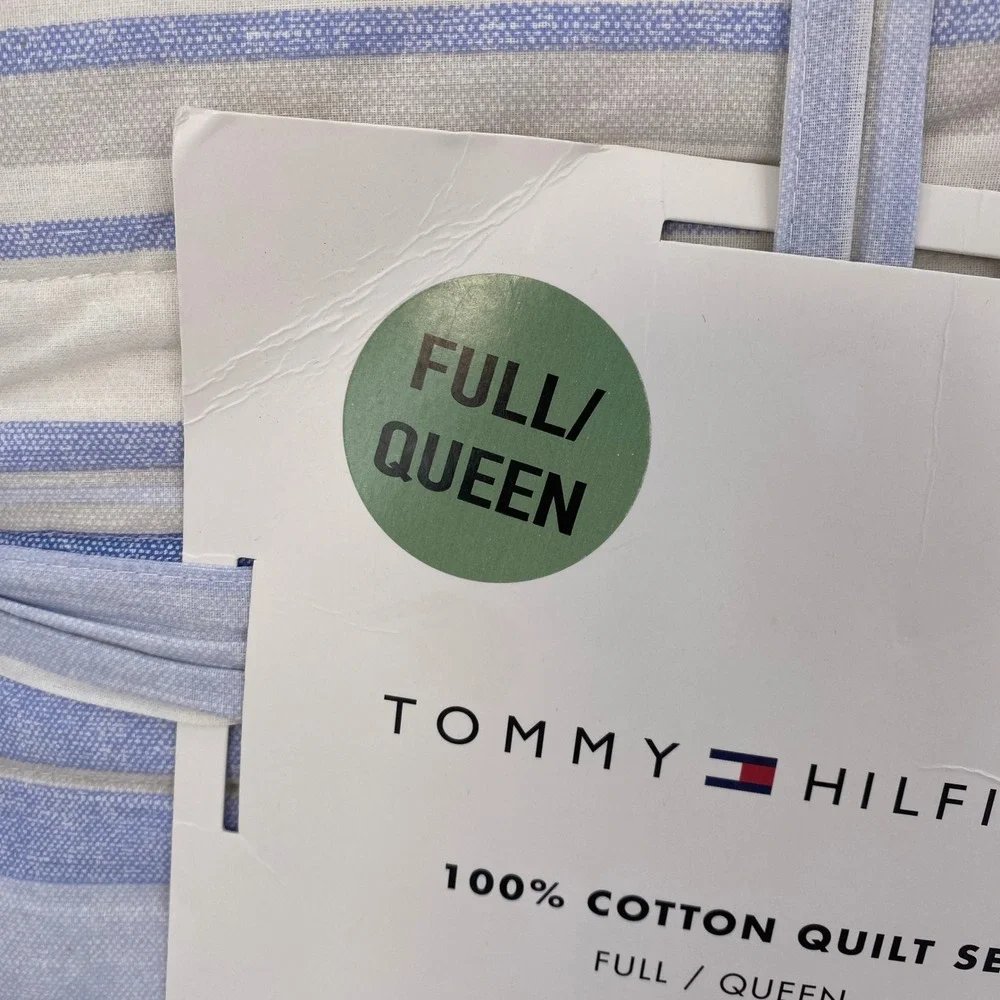 Tommy Hilfiger Quilt Set Full Queen Blue Bold Stripe Textured 100% Cotton Preppy